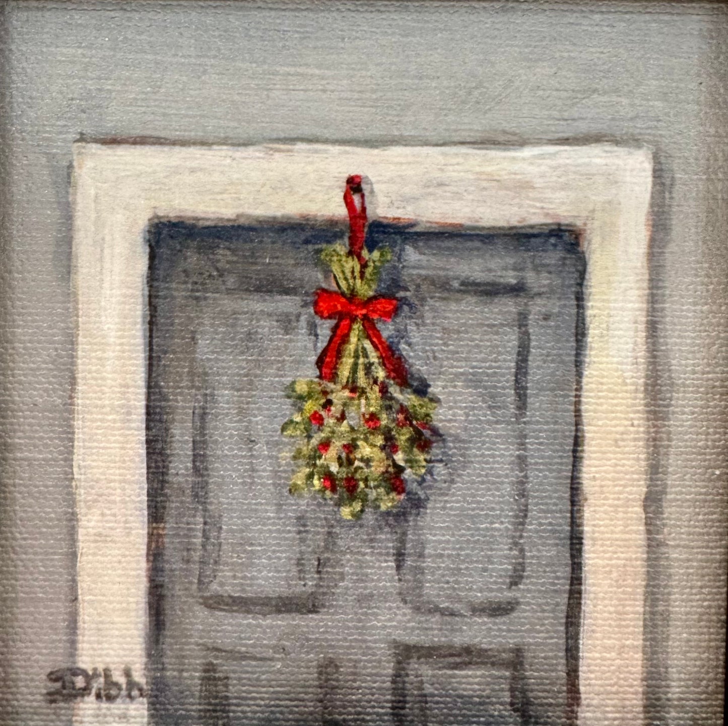 Libby Dibb for Spool House "Mistletoe on Blue Door" 4x4 Framed Giclee