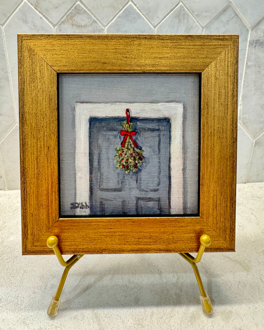 Libby Dibb for Spool House "Mistletoe on Blue Door" 4x4 Framed Giclee